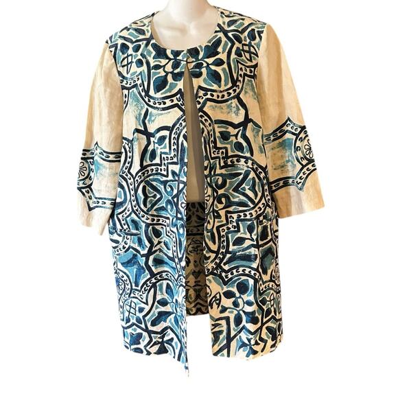Chico's Jackets & Blazers - Chico’s Women’s Size 3 Large 100% Linen Blue and Cream Patterned Coat